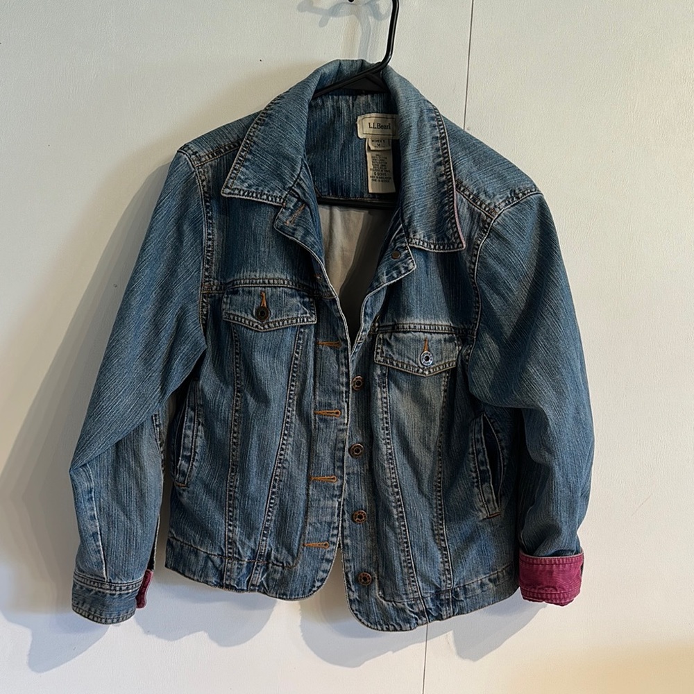 L.L. Bean Blue and Pink Jean Jacket with Unique Cuffs